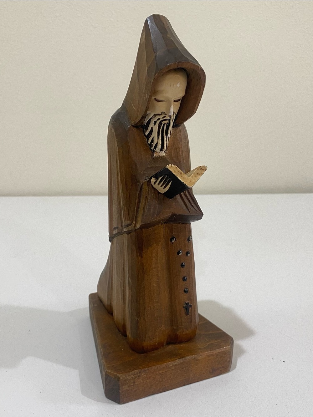 Vintage Wood Carved Monk Figurine Hand Carved Reading Religious Statue Priest